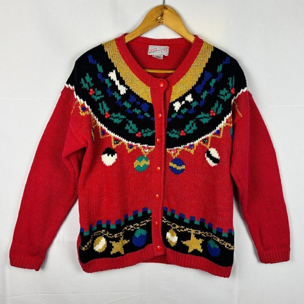 Vtg Women's Knit Cardigan Sweater Sz L Grandmacore Ugly Christmas Spice Of life